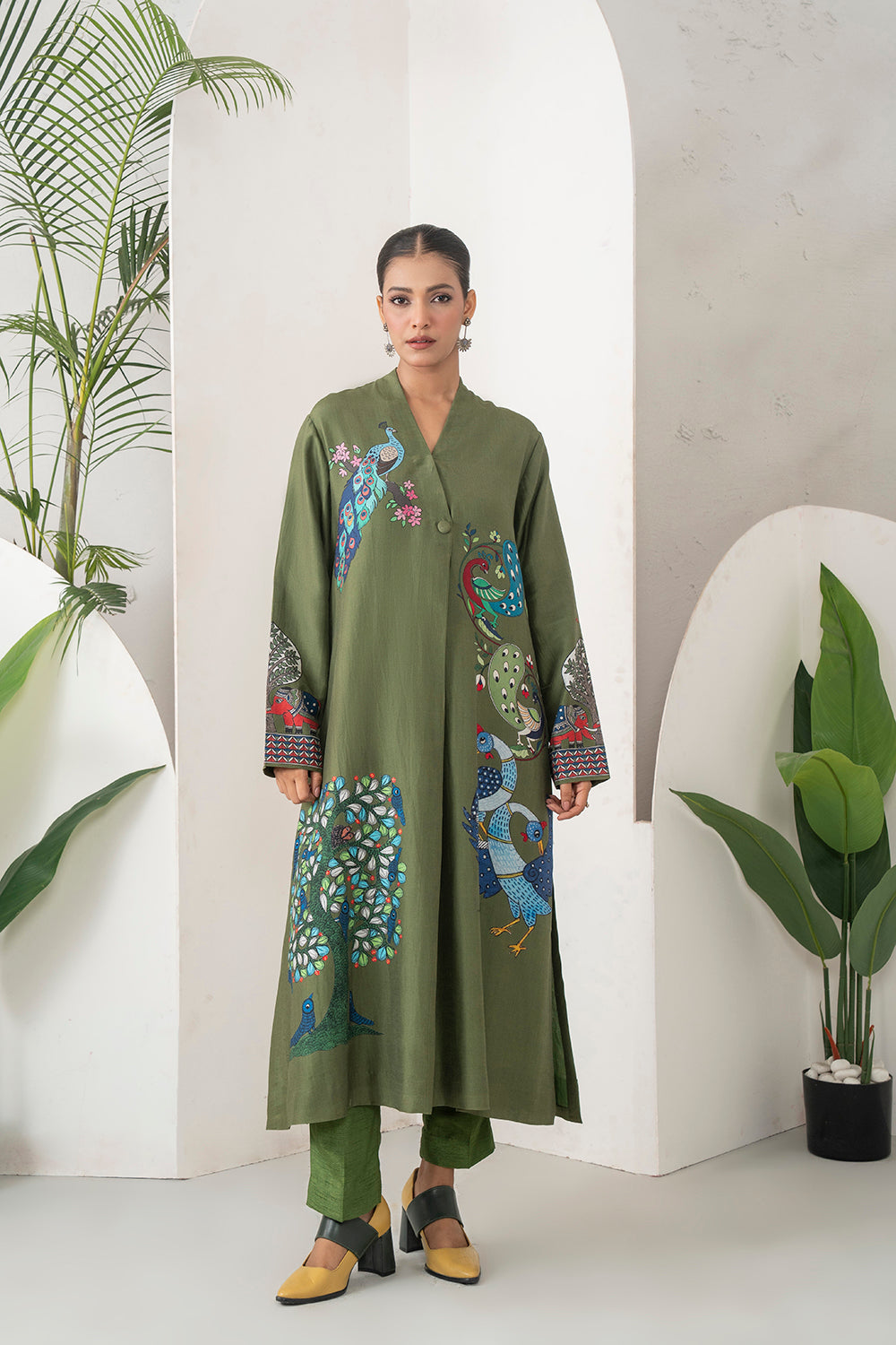 Leaf Green Silk Chanderi Front-Pleated Striking Peacock And Bird Printed Dress (1 PC)