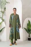 Leaf Green Silk Chanderi Front-Pleated Striking Peacock And Bird Printed Dress (1 PC)