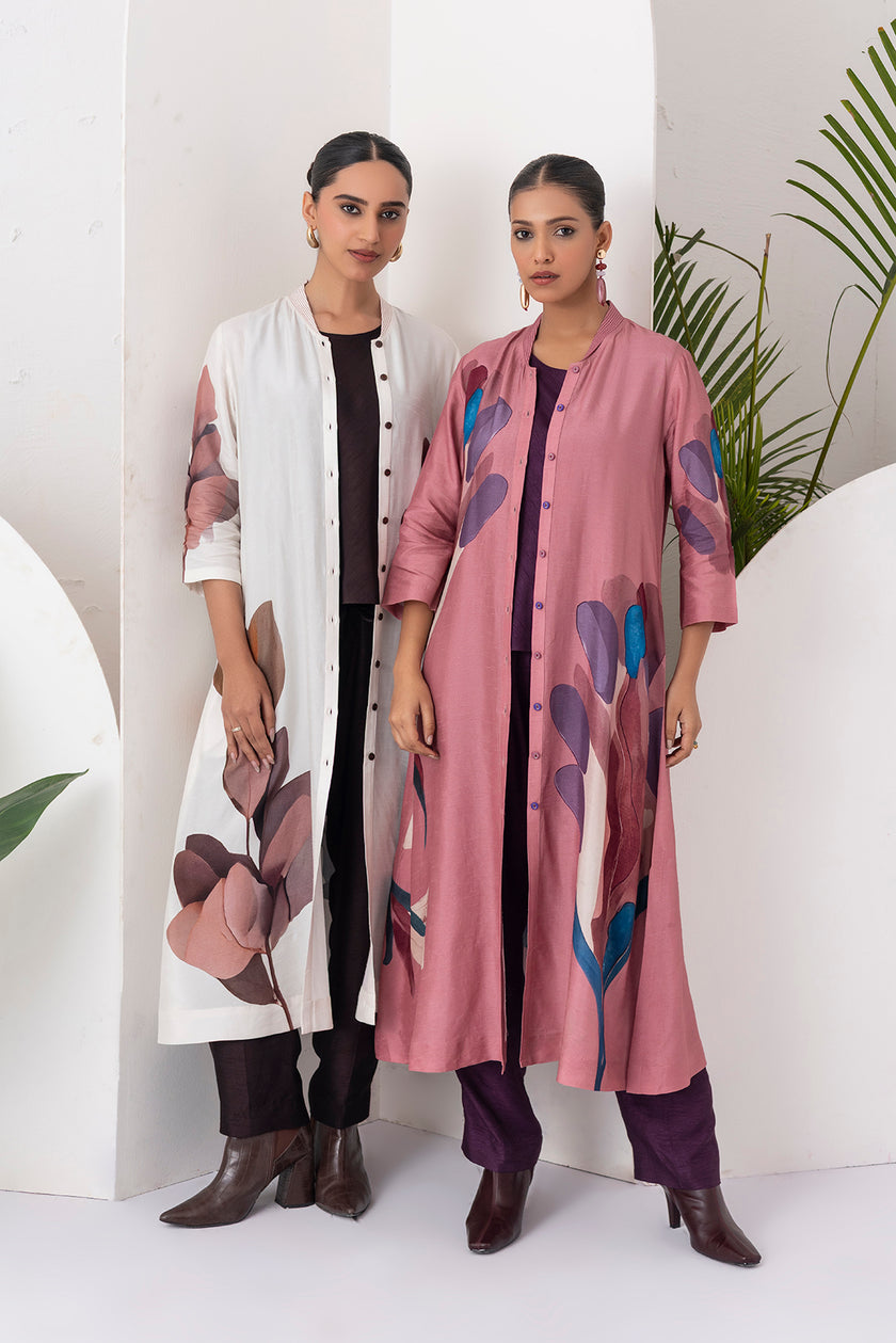 Ivory Viscose Dupion Leaf Printed Dress (1 PC)
