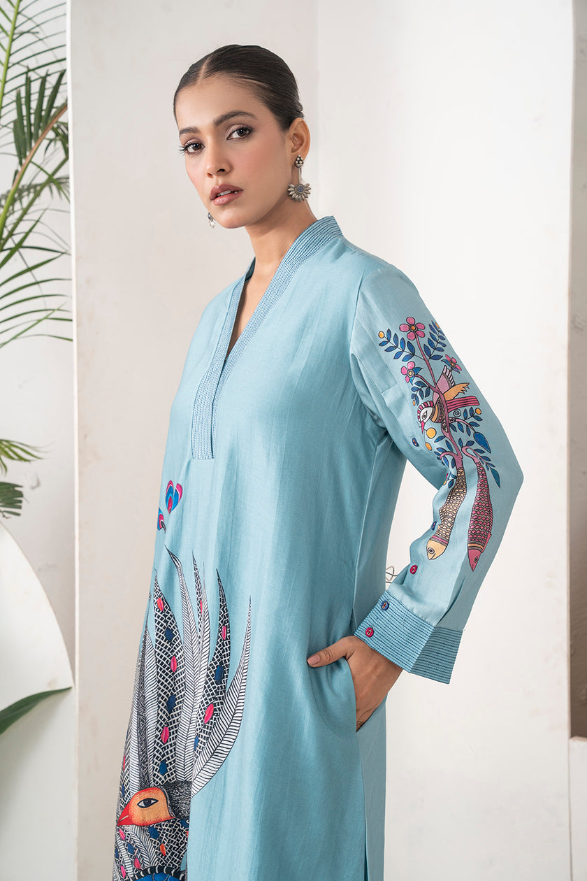 Sky Blue Silk Chanderi Striking Peacock Illustration Printed Tunic (1 PC)