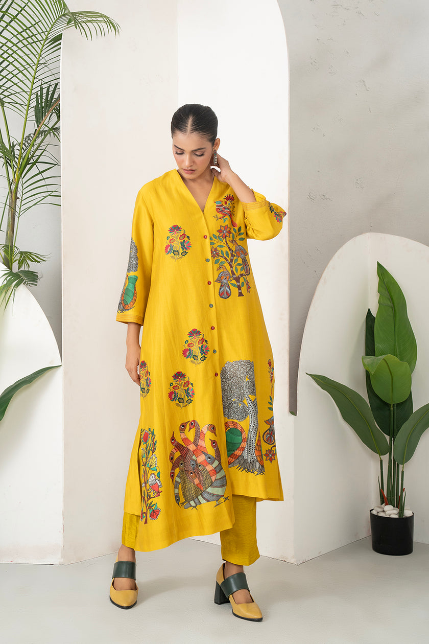 Yellow Silk Chanderi Front Open Striking Bird And Floral Printed Dress (1 PC)