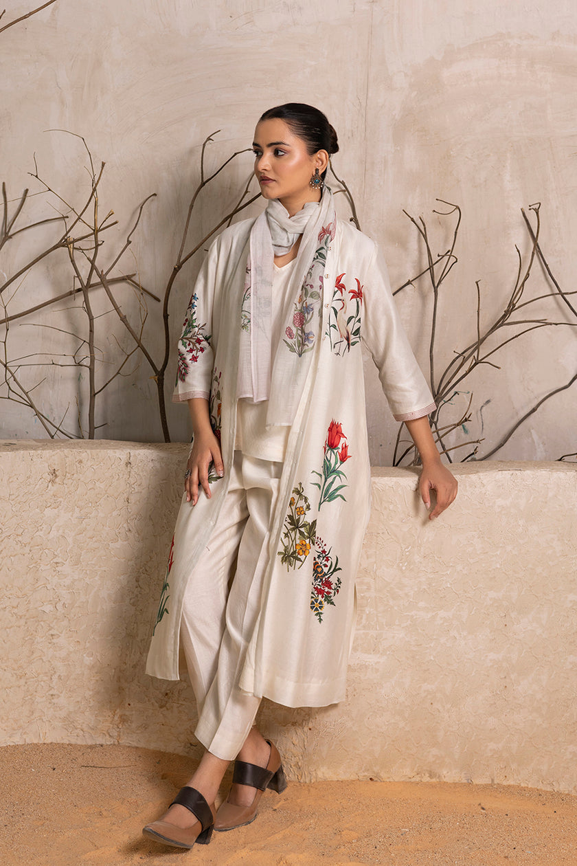 Ivory Silk Chanderi Floral Printed Front Open Dress (1 PC)