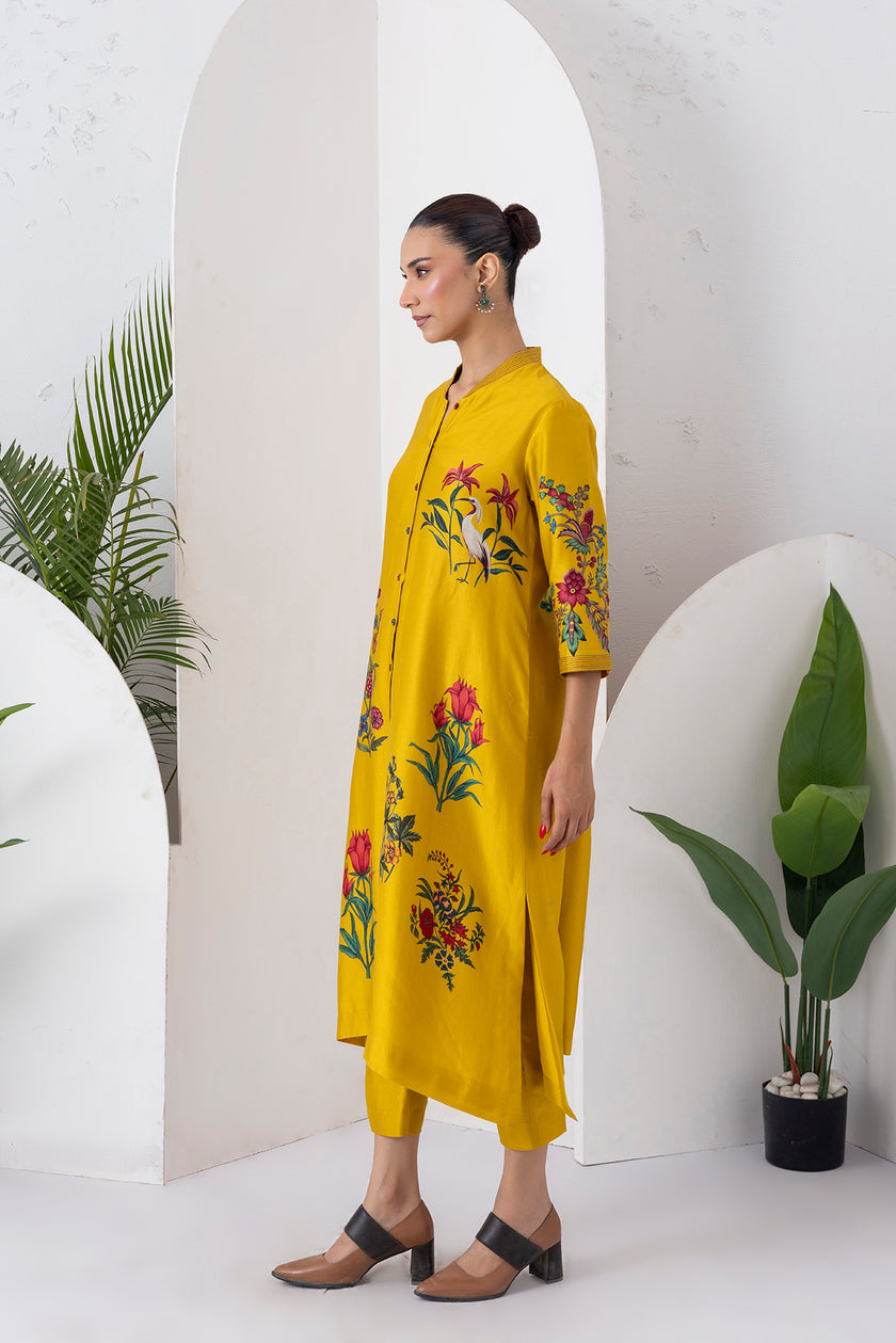 Yellow Silk Chanderi Floral Printed Front Open Dress (1 PC)