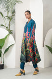 Indigo Silk Chanderi Front-Pleated Tropical Floral Illustration Printed Dress (1 PC)
