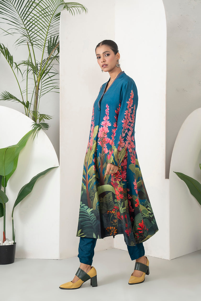 Indigo Silk Chanderi Front-Pleated Tropical Floral Illustration Printed Dress (1 PC)