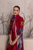 Red Silk Chanderi Printed Front Open Dress (1 PC)