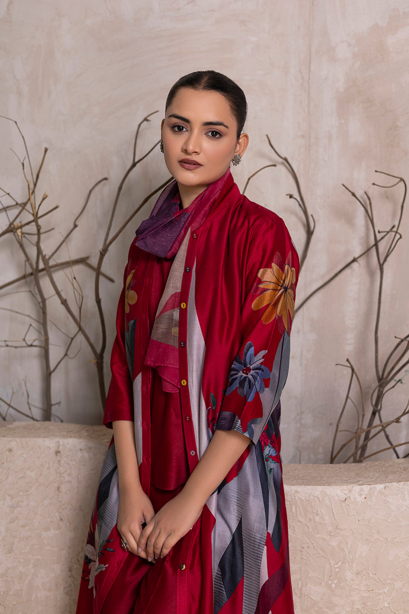 Red Silk Chanderi Printed Front Open Dress (1 PC)