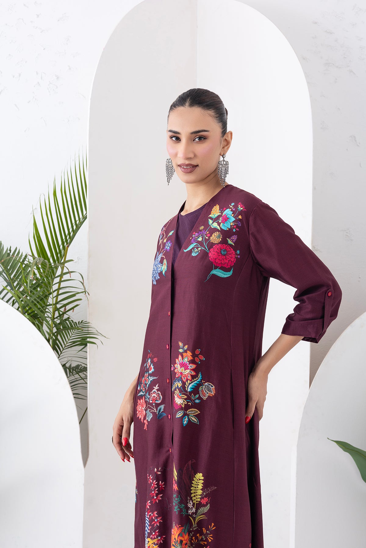Chocolate Brown Silk Chanderi Printed High-Low Dress (1 PC)