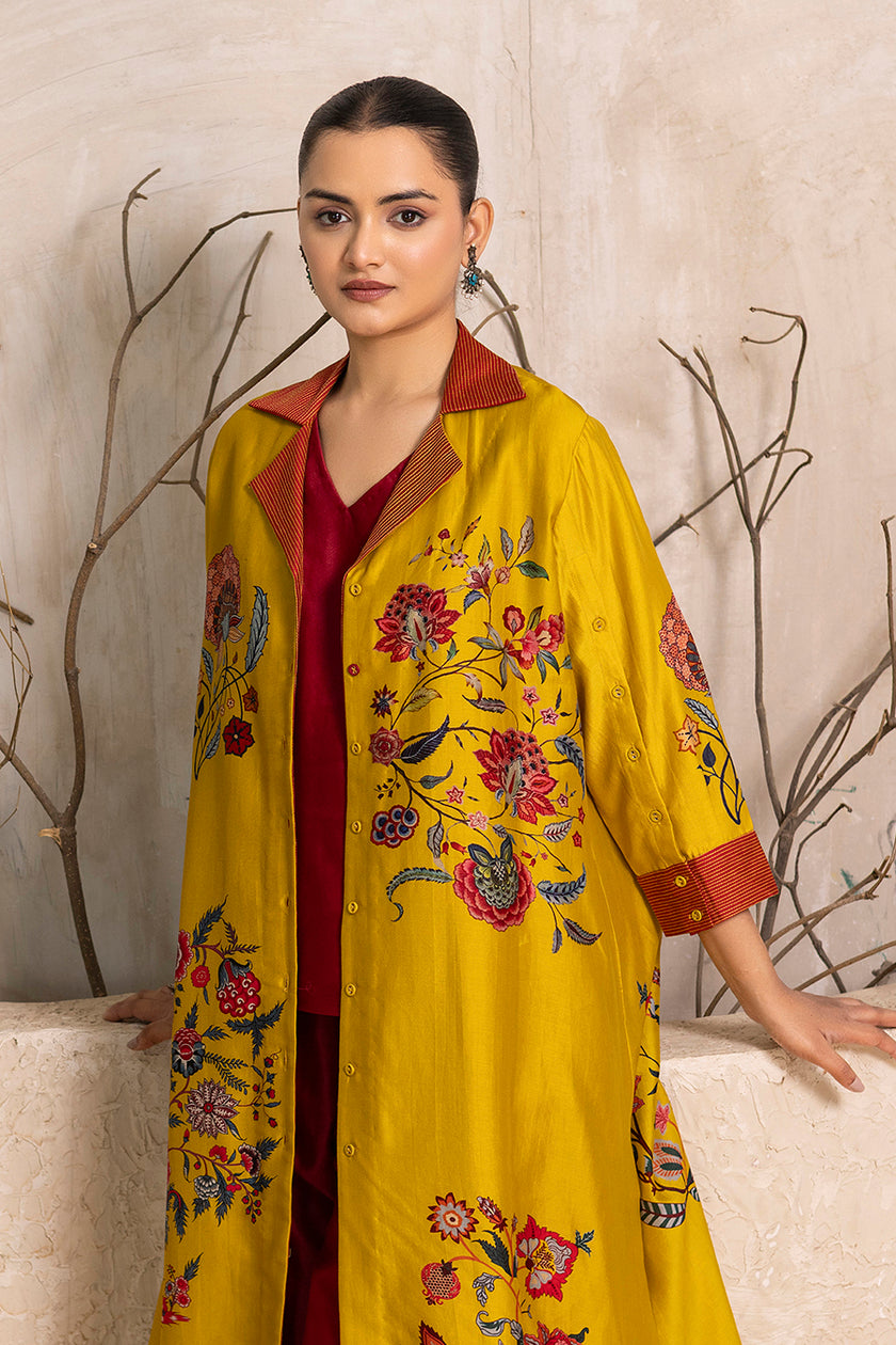 Yellow Silk Chanderi Chintz Printed Front Open Dress (1 PC)
