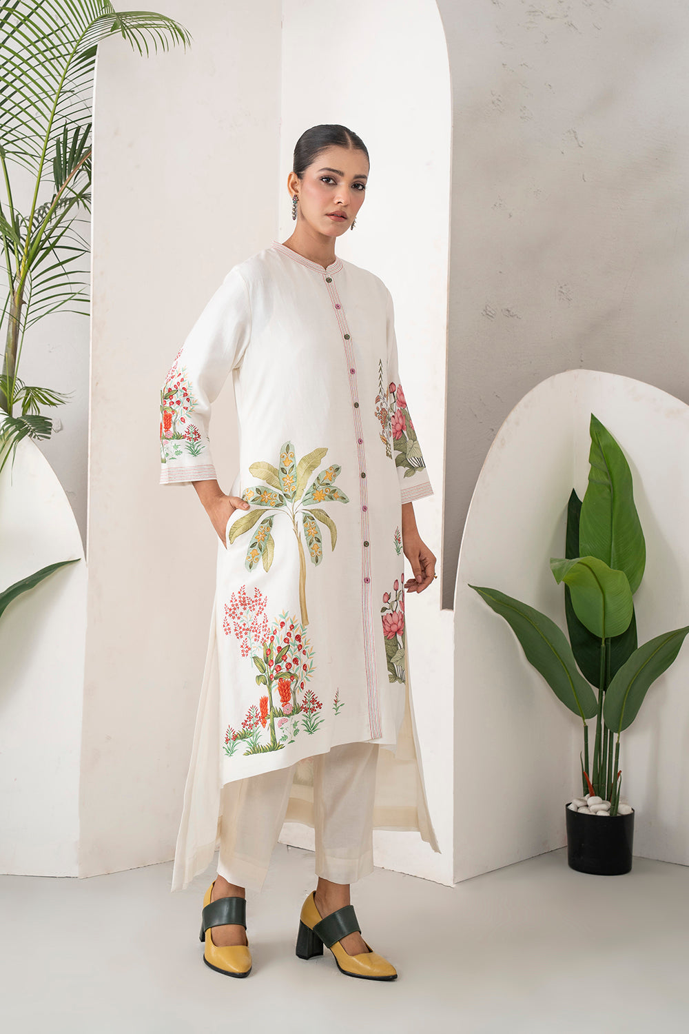 Ivory Silk Chanderi Miniature Art Printed High-Low Dress (1 PC)