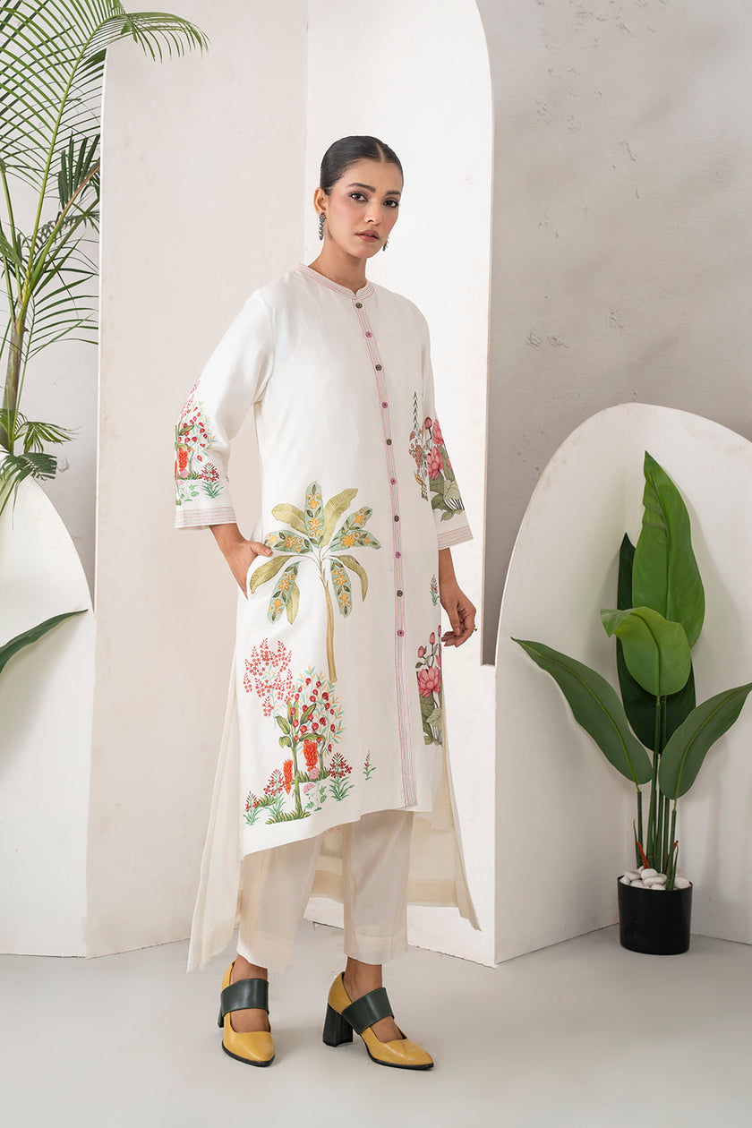 Ivory Silk Chanderi Miniature Art Printed High-Low Dress (1 PC)