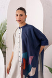 Blue & Ivory Silk Chanderi Printed Kaftan Style Dress (1 PC)