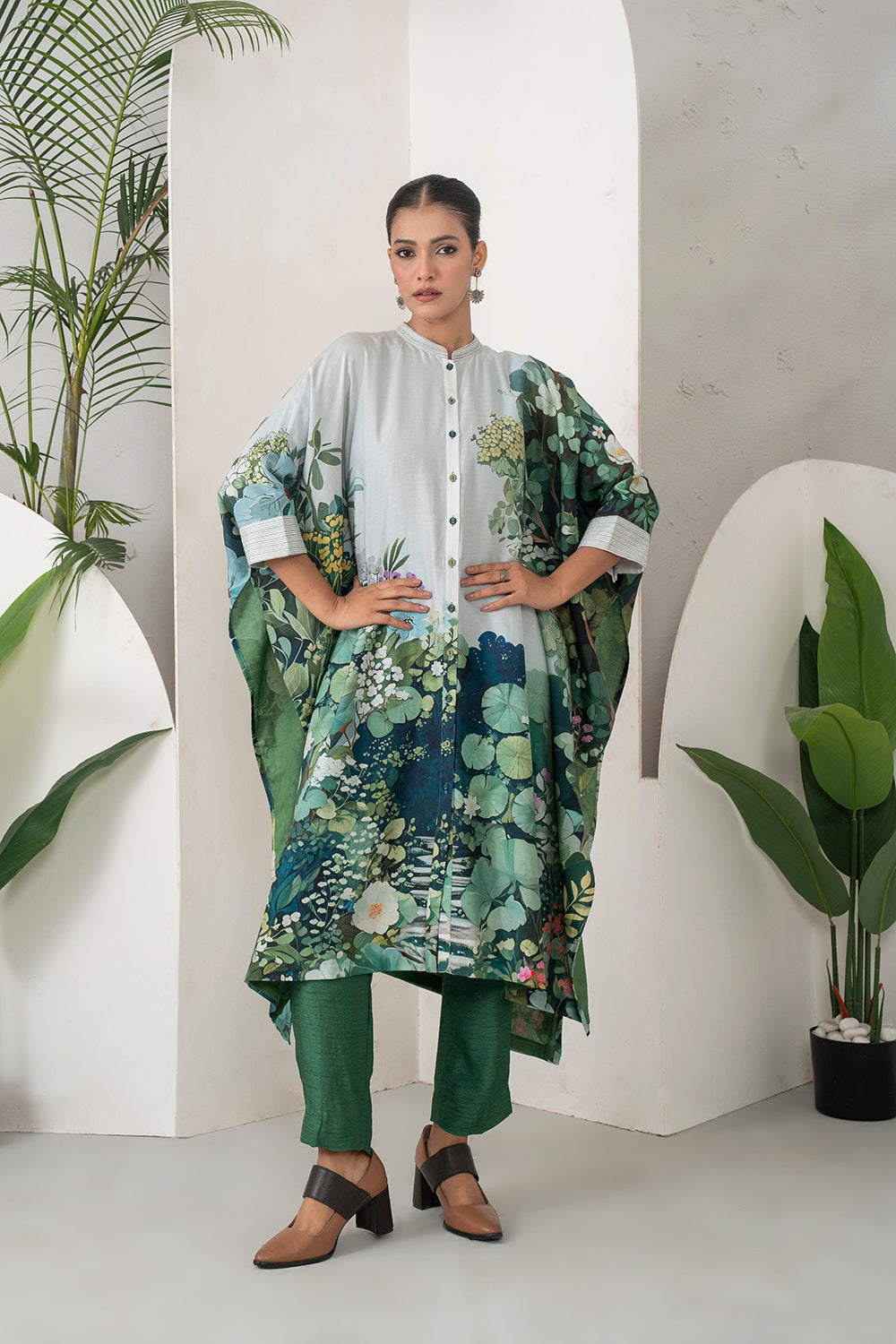 Ivory Silk Chanderi Vivid Garden Illustration Printed Kaftan (1 PC)
