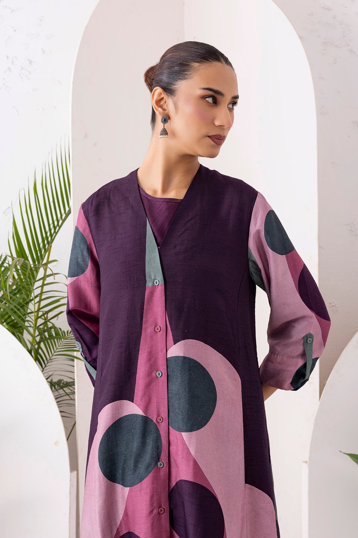 Salmon Pink & Wine Viscose Dupion Printed Dress (1 PC)