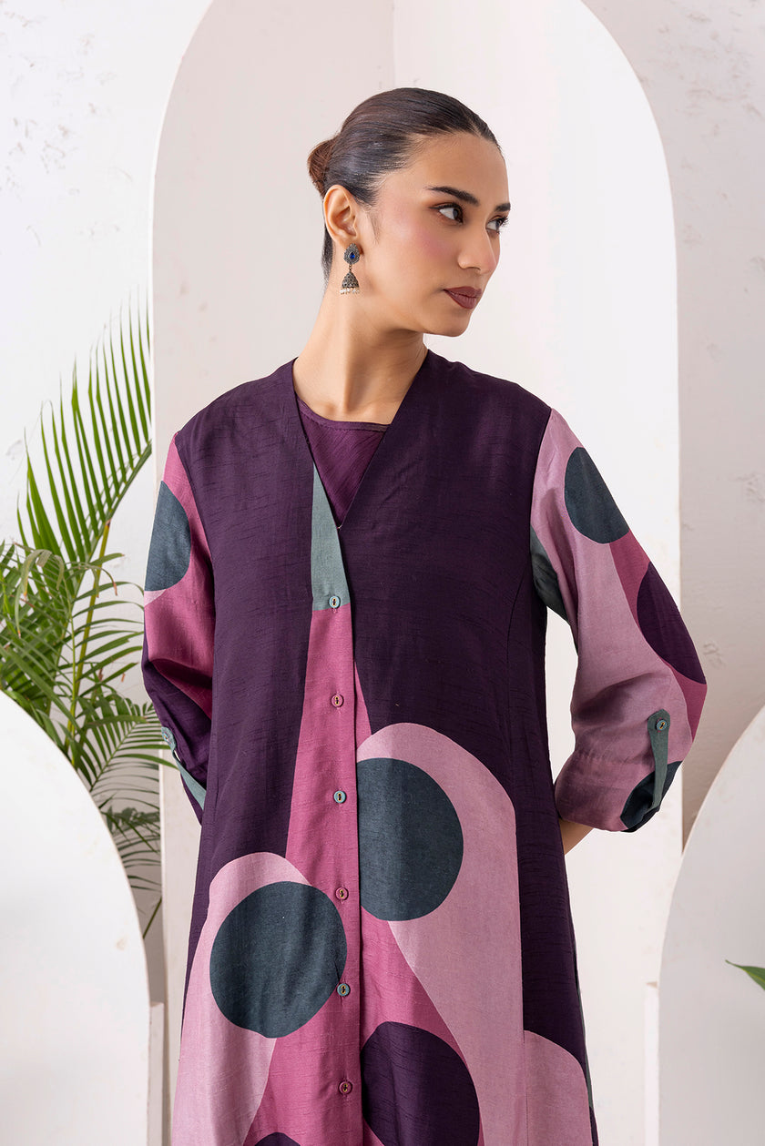 Salmon Pink & Wine Viscose Dupion Printed Dress (1 PC)