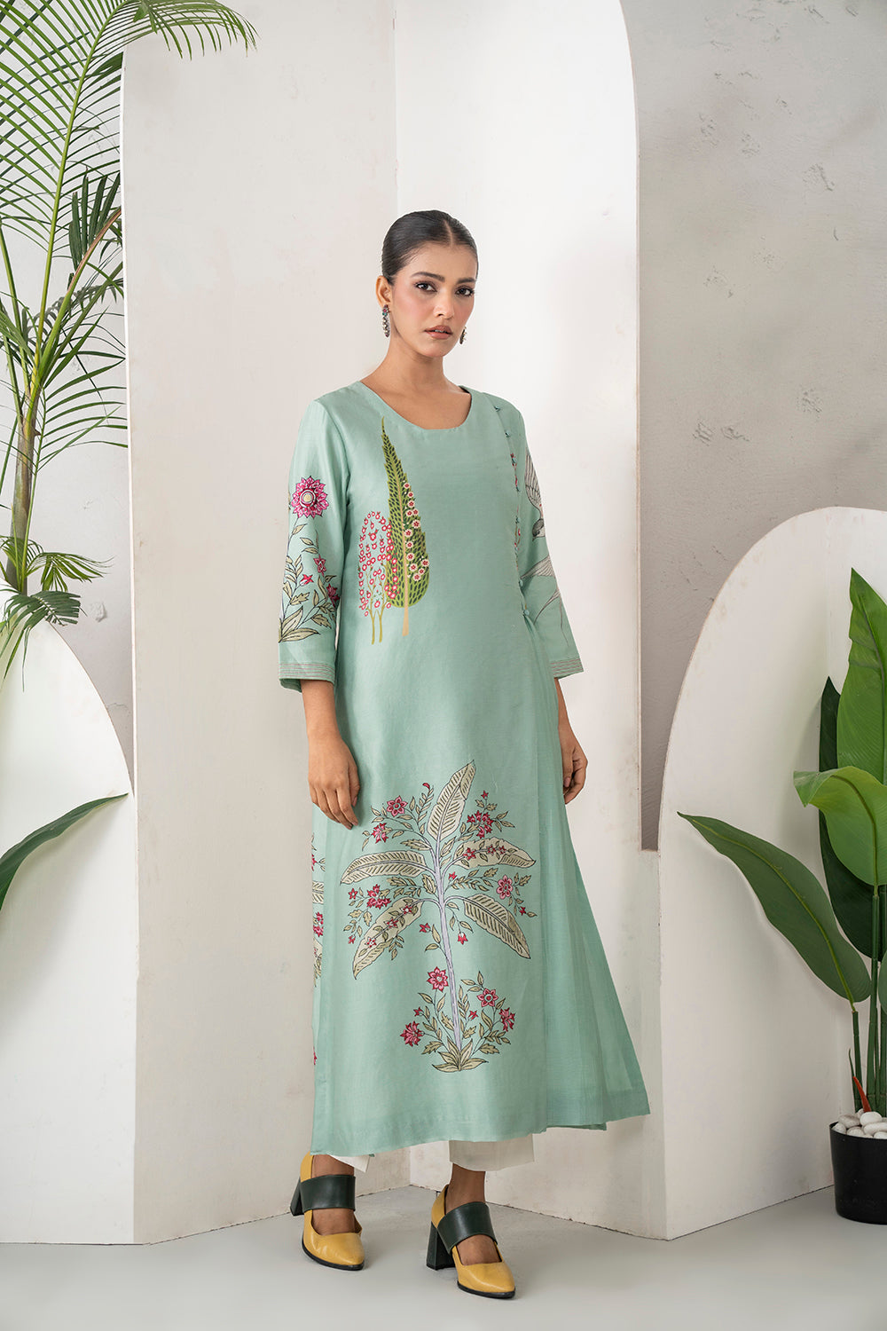 Mint Silk Chanderi Miniature Painting Inspired Printed Dress (1 PC)