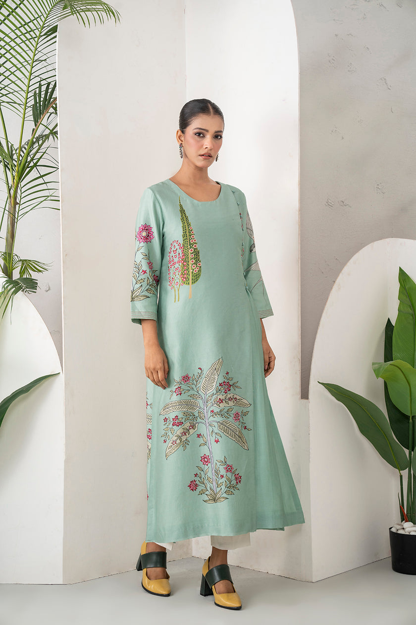 Mint Silk Chanderi Miniature Painting Inspired Printed Dress (1 PC)