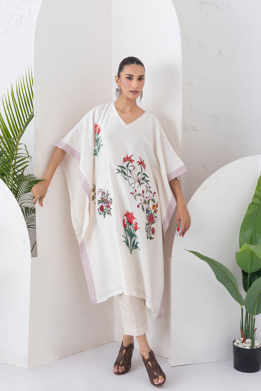 Ivory Silk Chanderi Floral Printed Kaftan (1 PC)