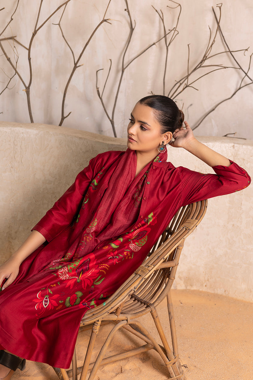 Red Silk Chanderi Printed Front Open Floral Dress (1 PC)