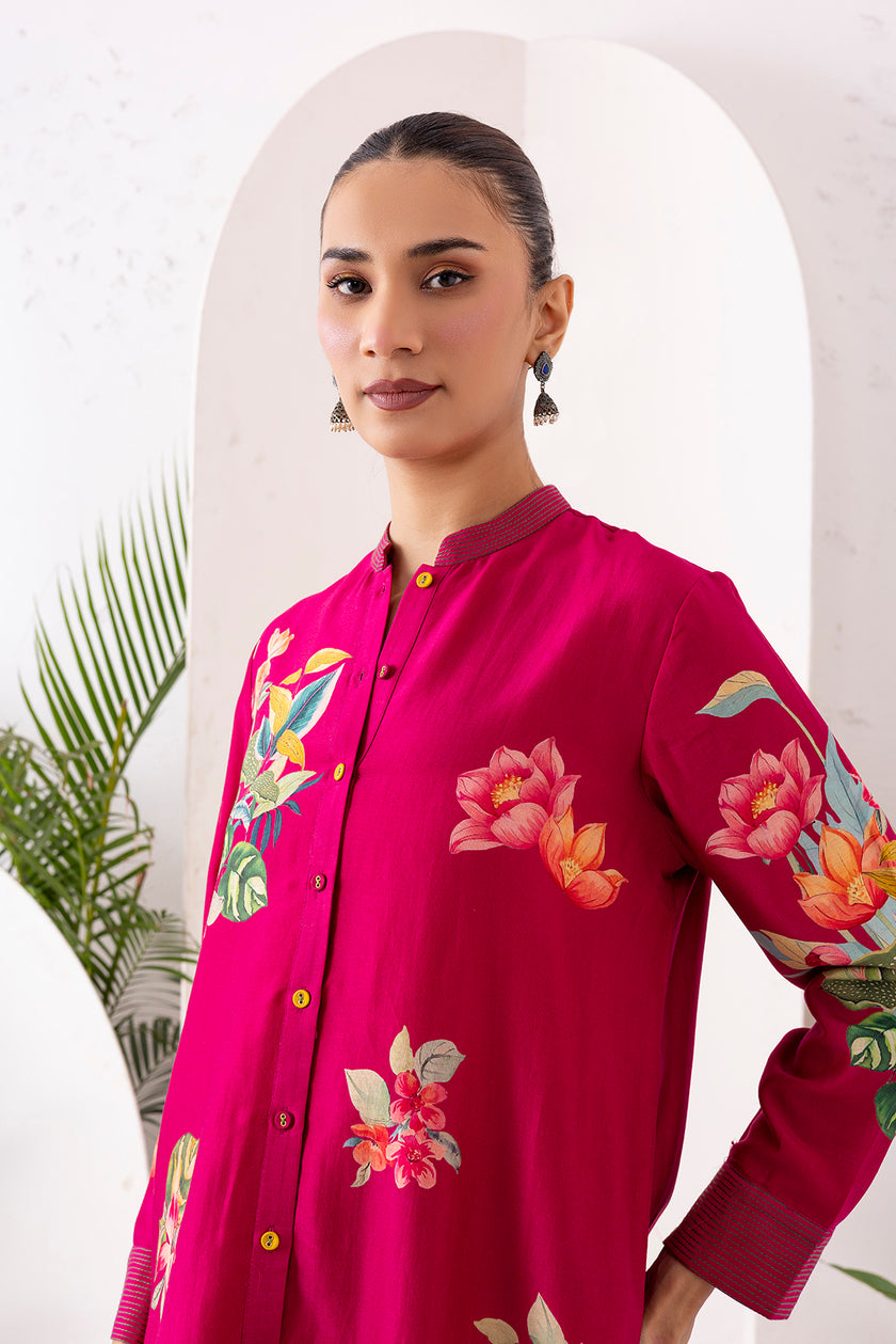 Hot Pink Silk Chanderi Floral Printed Shirt Style Tunic (1 PC)