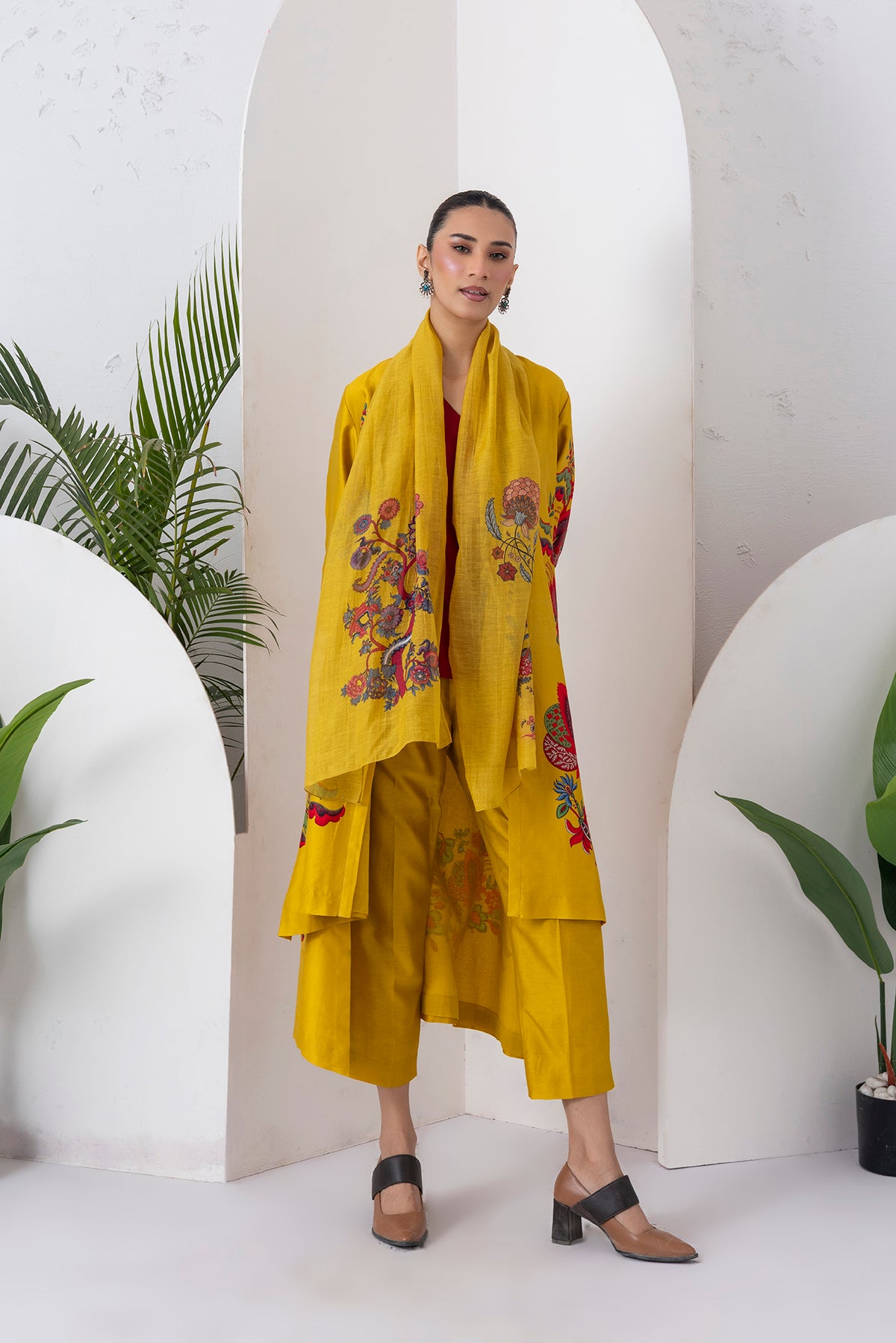 Yellow Silk Chanderi Printed Front Open Floral High-Low Dress (1 PC)
