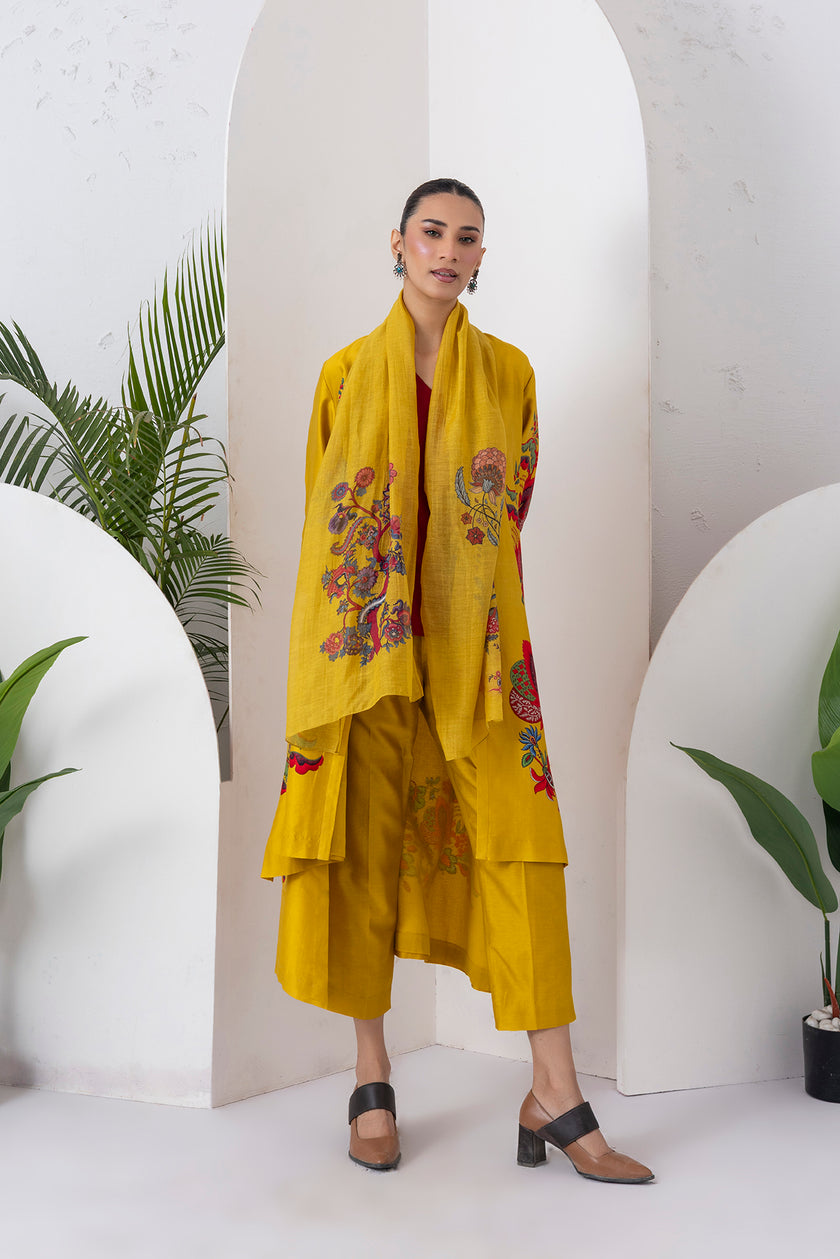Yellow Silk Chanderi Printed Front Open Floral High-Low Dress (1 PC)