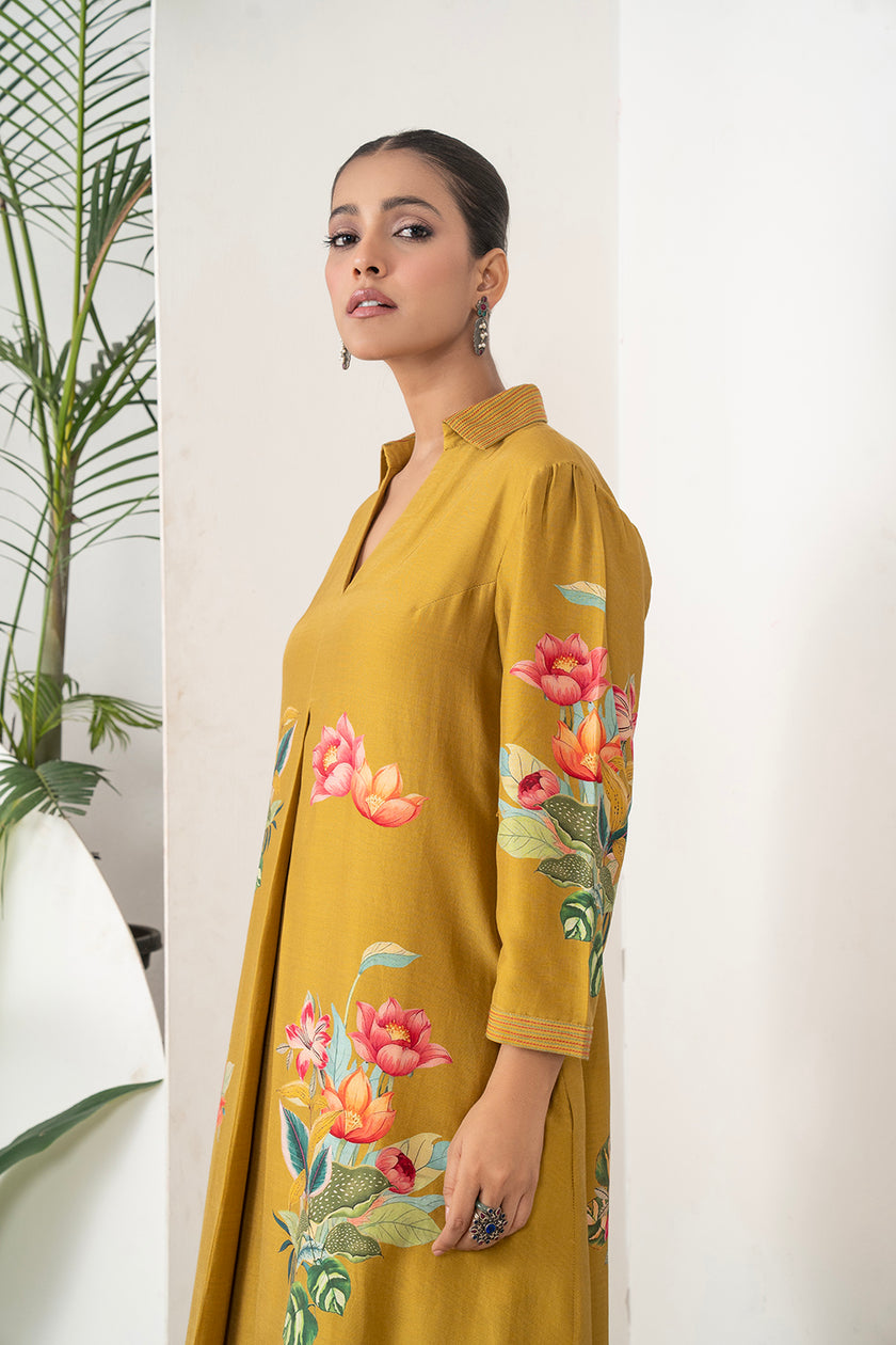 Mustard Silk Chanderi Front Pleat Detailed Colourful Floral Printed Dress (1 PC)
