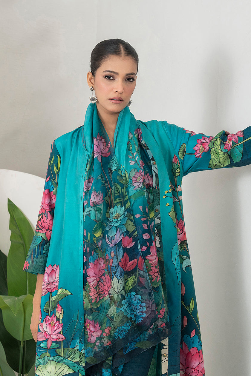 Aqua Fades Into Deep Blue Thin Chanderi Lush Lotus Printed Stole (1 PC)
