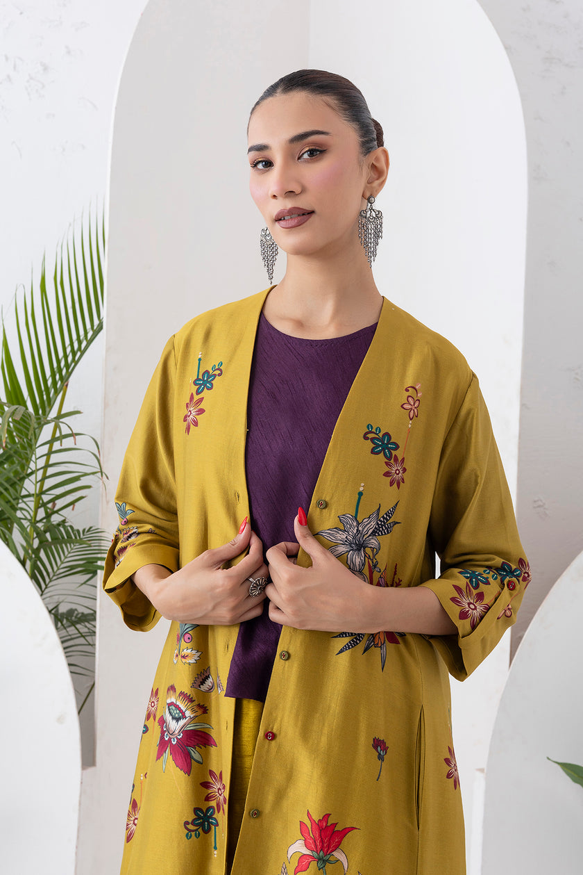 Mustard Silk Chanderi Printed High-Low Dress (1 PC)