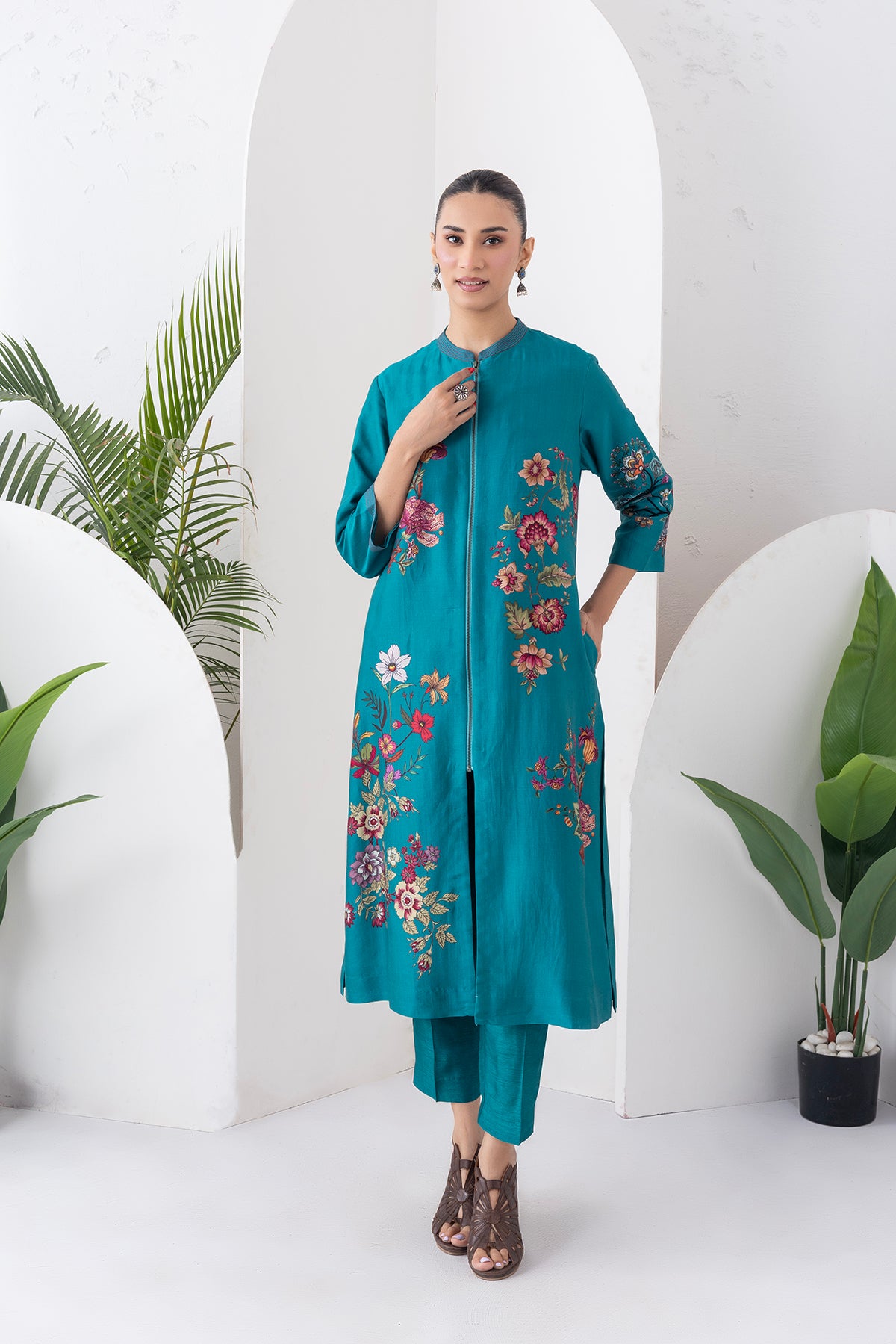 Emerald Silk Chanderi Floral Printed Front-Zip Dress (1 PC)