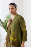 Moss Green Shaded Viscose Dupion Printed High-Low Dress (1 PC)