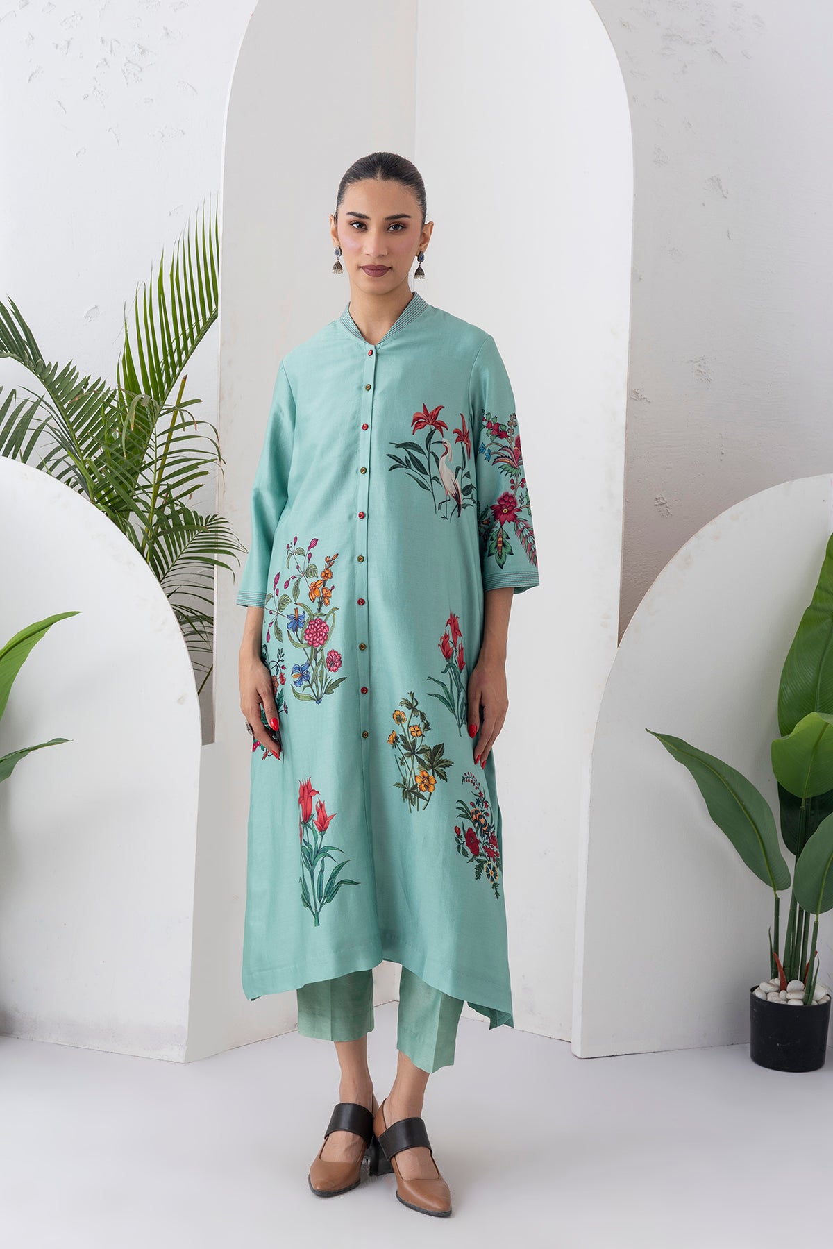 Mint Silk Chanderi Floral Printed Front Open Dress (1 PC)