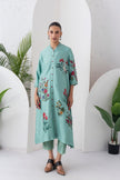 Mint Silk Chanderi Floral Printed Front Open Dress (1 PC)
