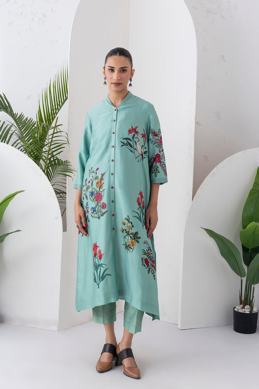 Mint Silk Chanderi Floral Printed Front Open Dress (1 PC)