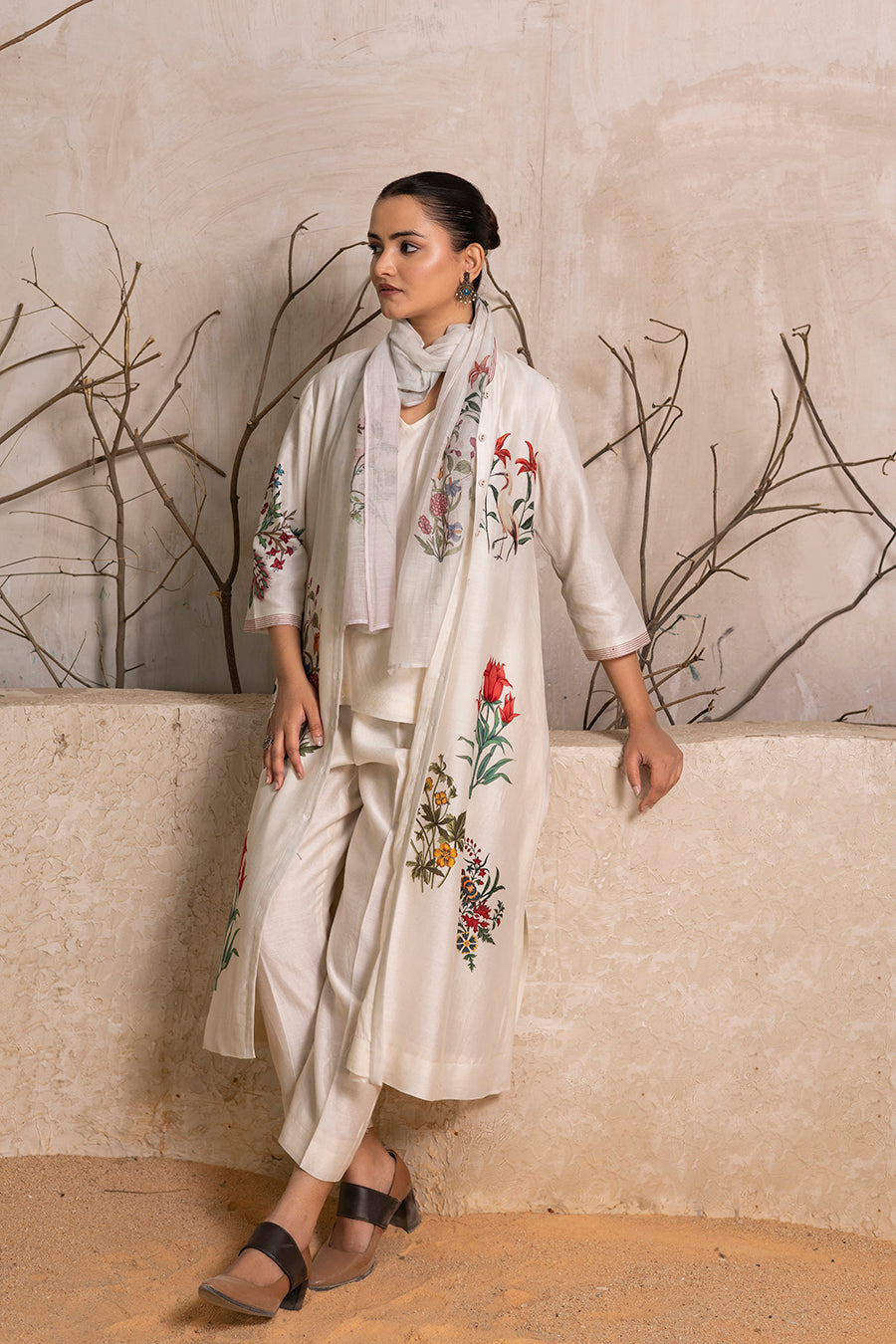 Ivory Thin Chanderi Floral Printed Stole (1 PC)