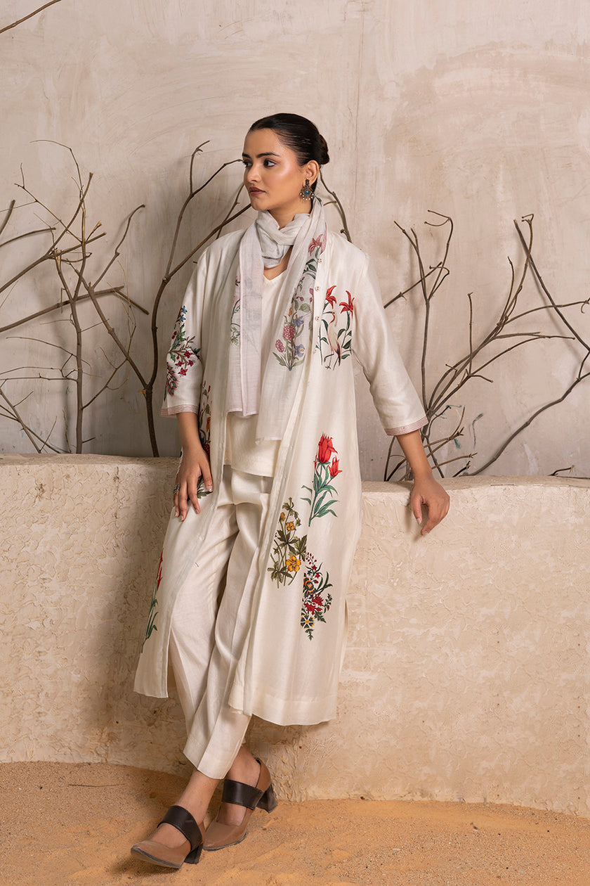 Ivory Thin Chanderi Floral Printed Stole (1 PC)