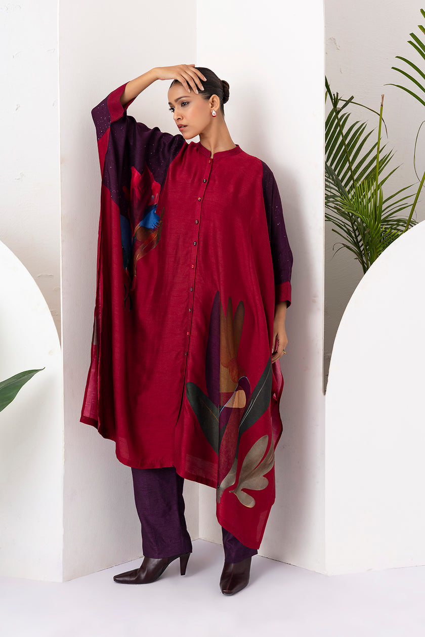Red Viscose Dupion Printed Kaftaan Style Dress (1 PC)