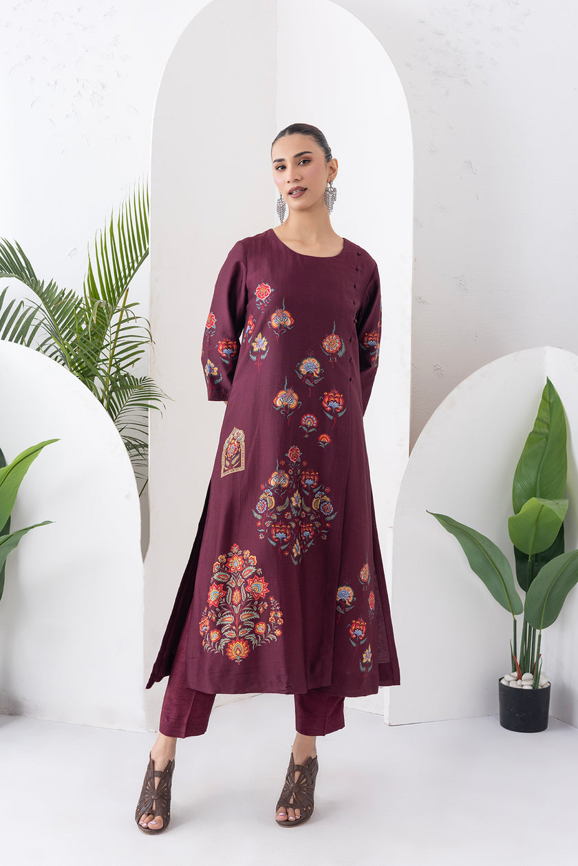 Chocolate Brown Silk Chanderi Printed Side Panel Dress (1 PC)