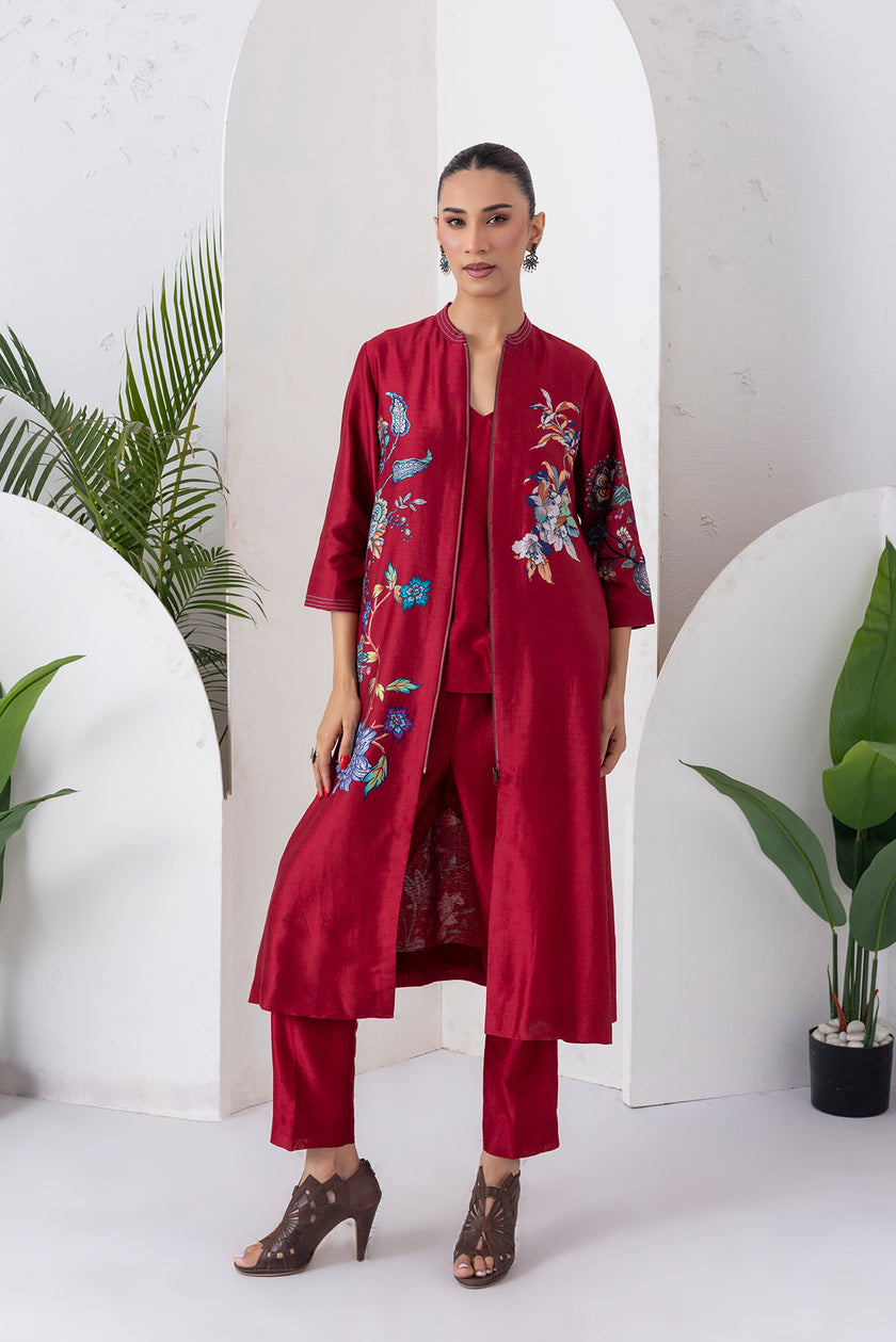 Maroon Silk Chanderi Floral Printed Front Open Dress (1 PC)