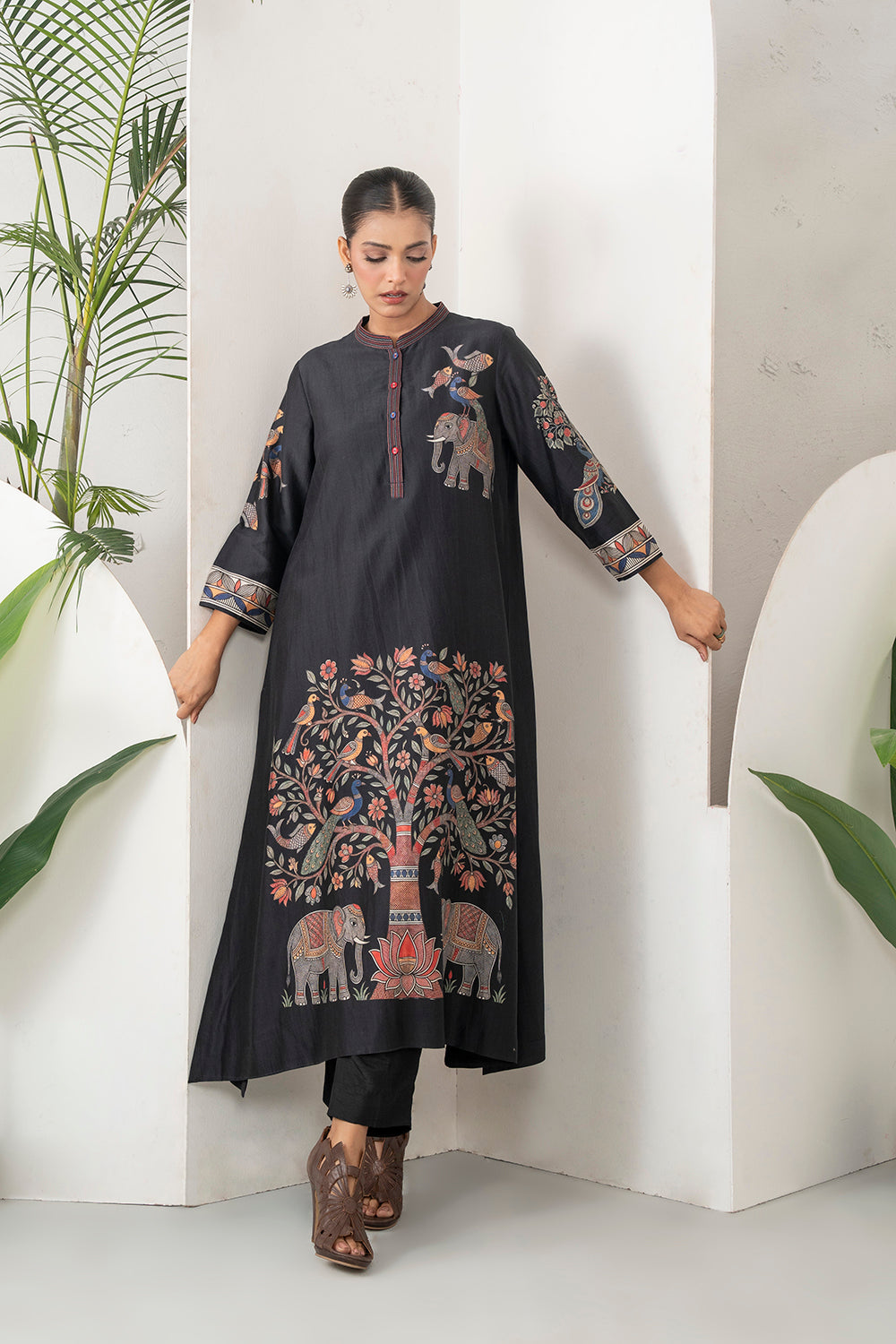 Black Silk Chanderi Rich Folk-Inspired Printed Tunic (1 PC)