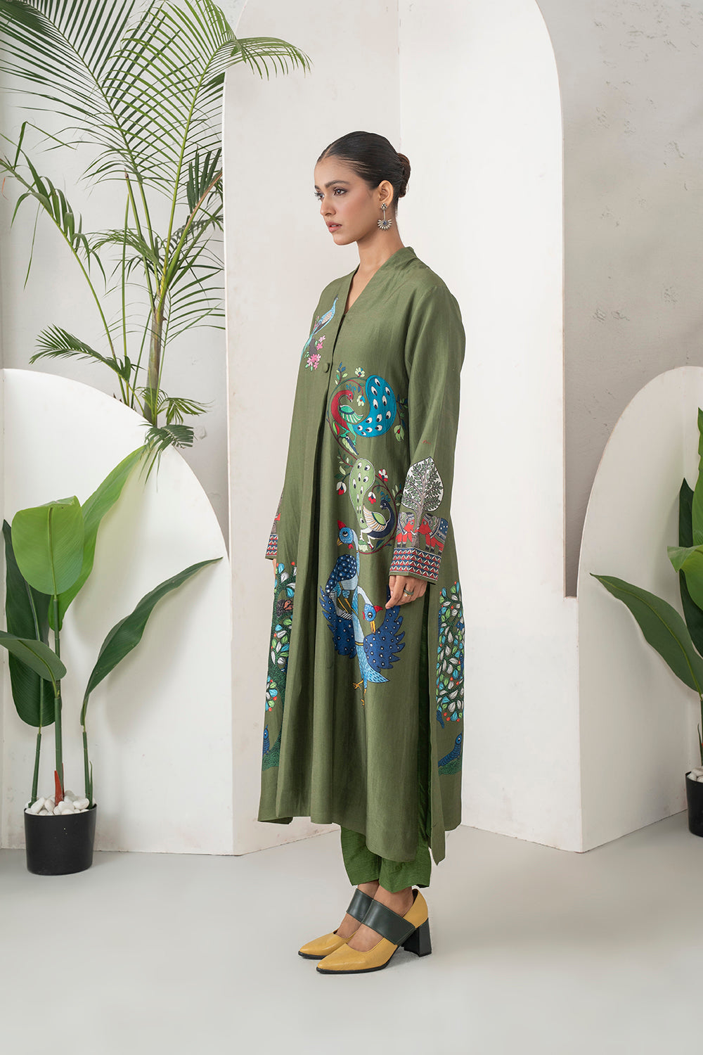 Leaf Green Silk Chanderi Front-Pleated Striking Peacock And Bird Printed Dress (1 PC)