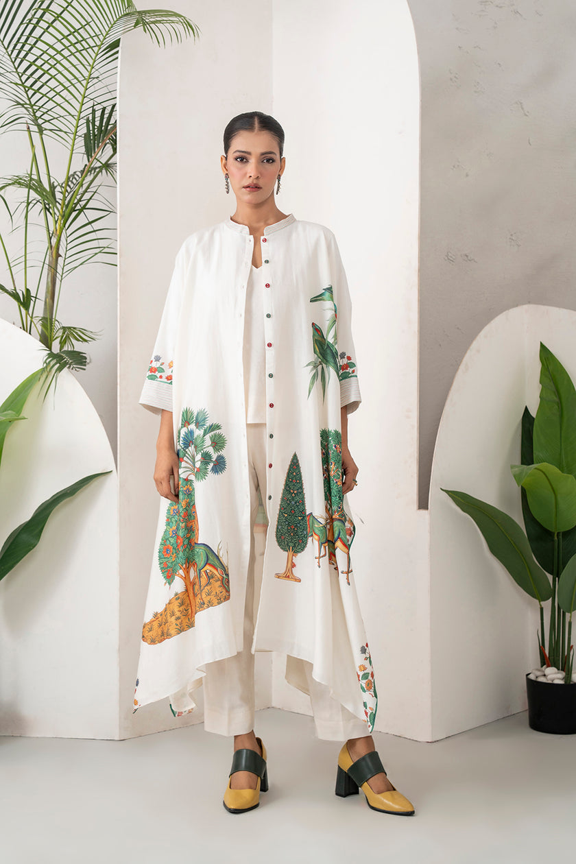 Ivory Silk Chanderi Folk Tale Printed Kaftan (1 PC)