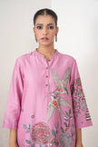 Salmon Pink Silk Chanderi Printed Intricate Bird And Floral Printed Tunic (1 PC)