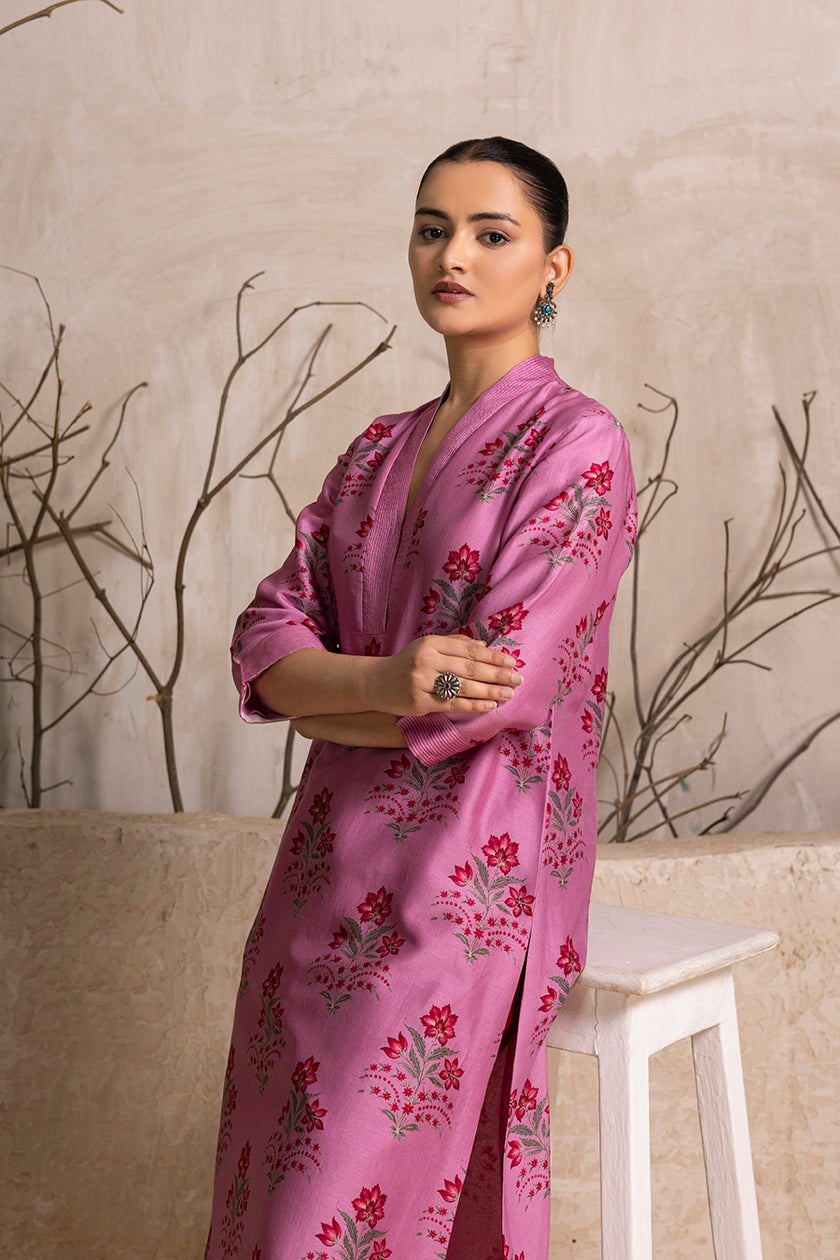 Salmon Pink Silk Chanderi Floral Boota Printed Tunic (1 PC)