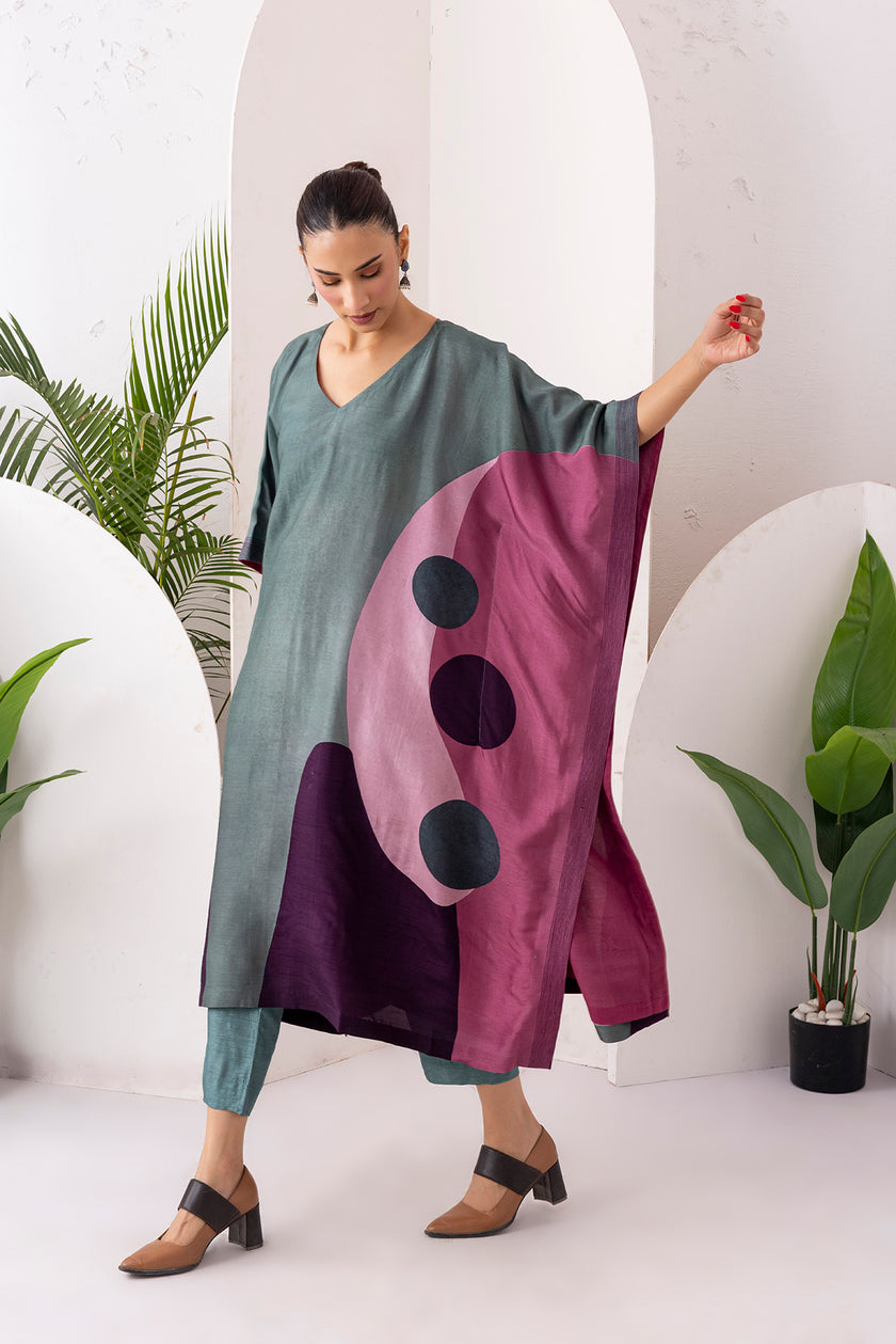 Sage Green & Salmon Pink Viscose Dupion Printed Kaftan (1 PC)