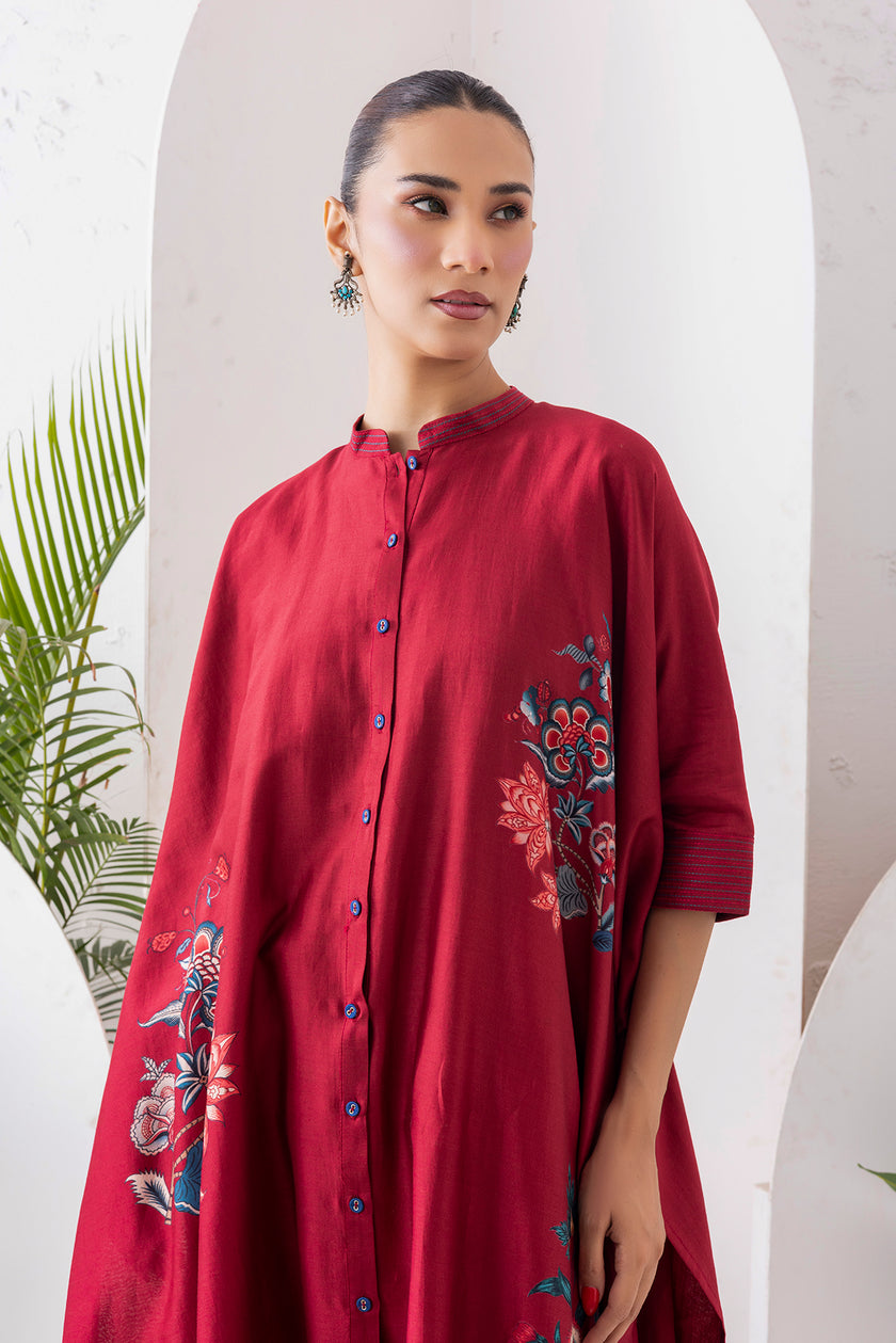 Maroon Silk Chanderi Printed Kaftan Style Dress (1 PC)