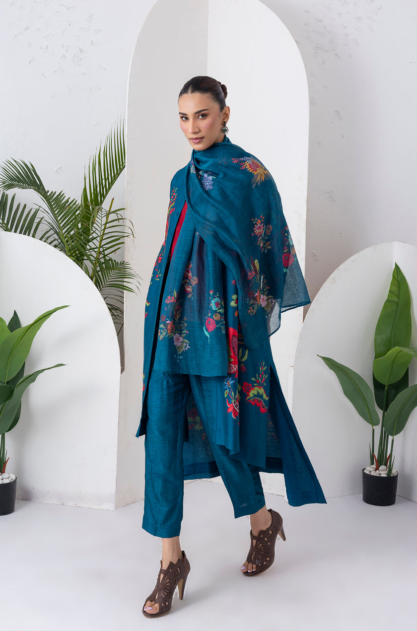 Indigo Silk Chanderi Printed Front Open Floral High-Low Dress (1 PC)
