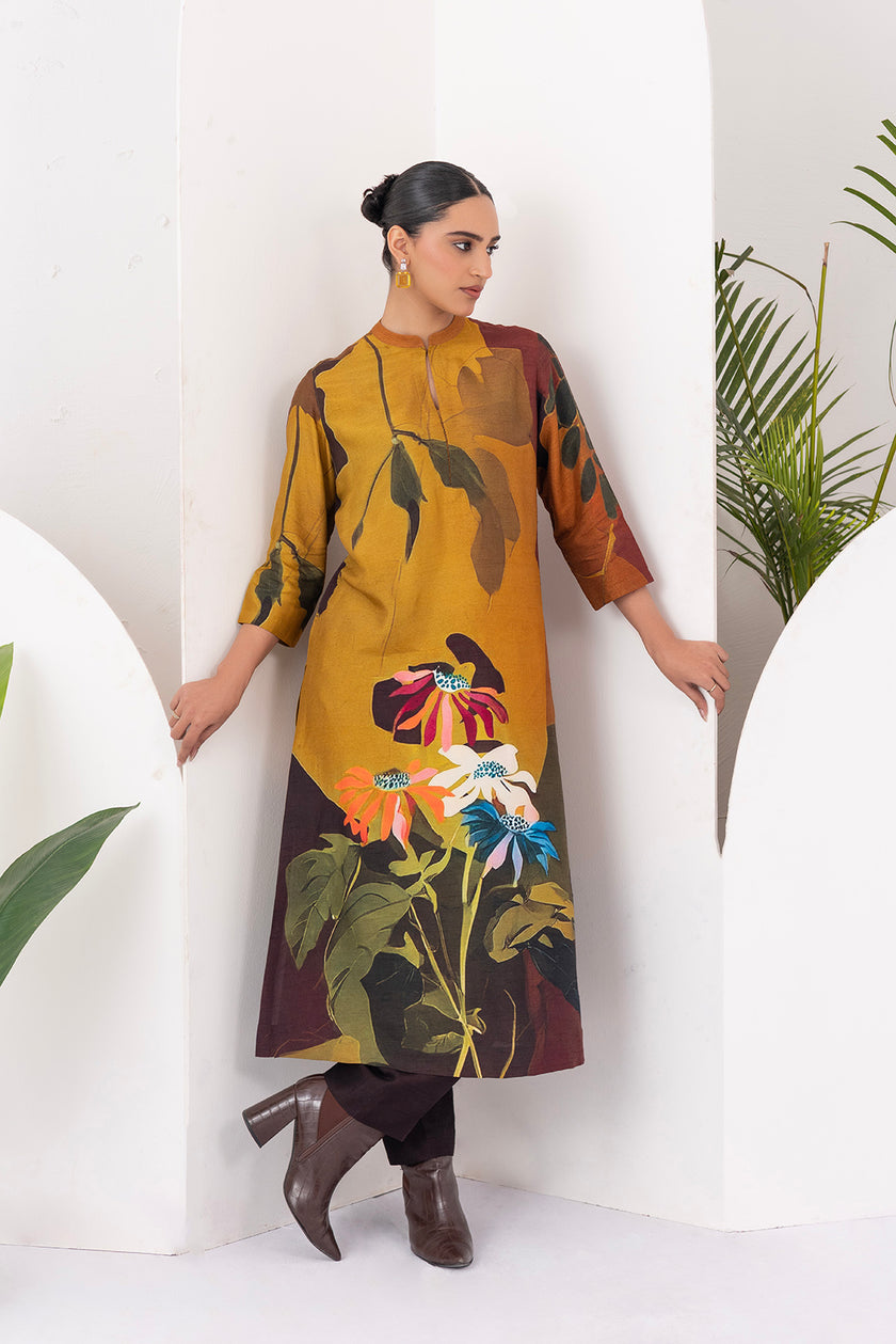 Mustard & Brown Viscose Dupion Printed Tunic (1 PC)