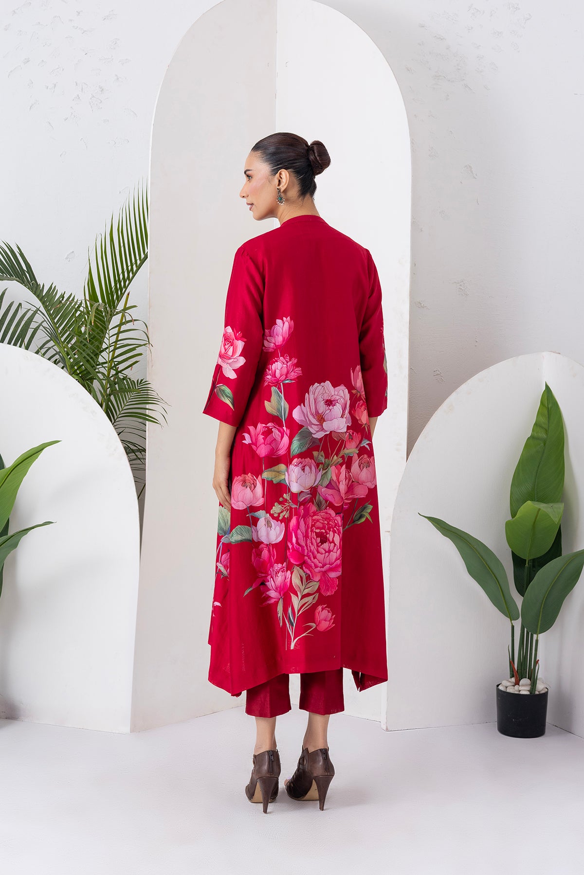 Maroon Silk Chanderi Printed Front Open Dress (1 PC)