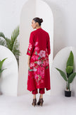 Maroon Silk Chanderi Printed Front Open Dress (1 PC)